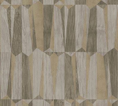 Hout behang Profhome 387433-GU vliesbehang hardvinyl warmdruk in reliëf licht gestructureerd in hout look glanzend bruin goud grijs 5,33 m2