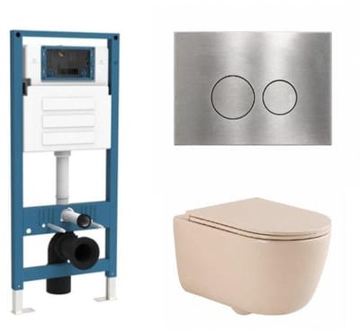 QeramiQ Dely Swirl Toiletset - inbouwreservoir Qeramiq Flush - slim zitting - metaal RVS bedieningsplaat - ronde knoppen - beige