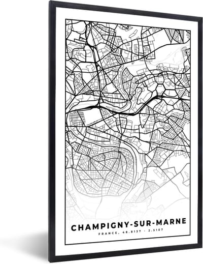 Fotolijst incl. Poster Zwart Wit- Kaart - Plattegrond - Champigny-sur-Marne - Frankrijk - Stadskaart - Zwart wit - 40x60 cm - Posterlijst