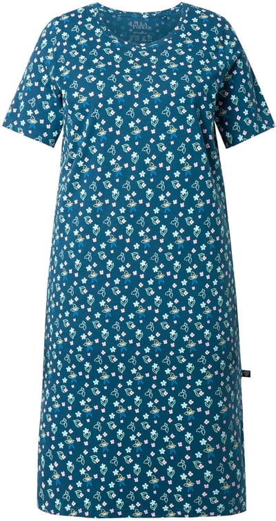 Ulla Popken - Dames - Nachthemd bloemen ronde hals korte mouwen - Petrol - Maat 42+