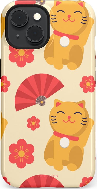 Casetastic hoesje geschikt voor Apple iPhone 15 - MagSafe - Dubbellaagse bescherming - Japanse Poezenvreugde - Lucky Cats - Fashion Case - Crème Koraal Goud