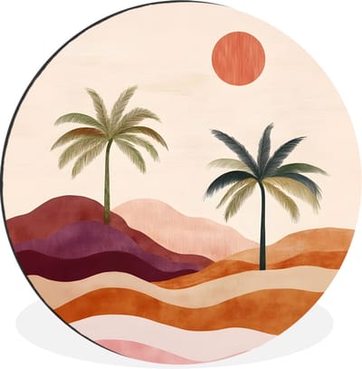 WallCircle - Wandcirkel - Muurcirkel - Palmbomen - Abstract - Zon - Heuvels - Aluminium - Dibond - 30x30 cm - Binnen en Buiten