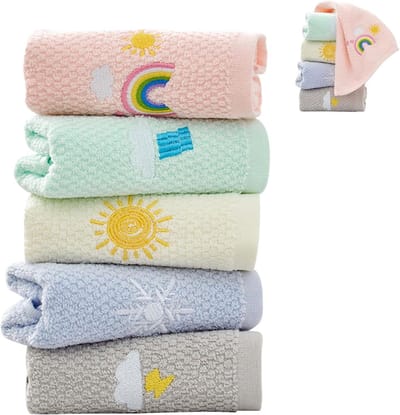Dailygoods - 5 stuks cartoonhanddoeken, 25 x 50 cm, washandjes, gezichtsdoeken, handdoekenset, weerpatroon, borduurhanddoeken (5 kleuren)