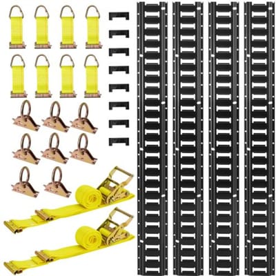 VEVOR E-Track bevestigingsrailset, 4-pack, 2,3 m E-Track rails, 26-delige set, inclusief 2 ratelriemen, 8 O-ringen, 8 bevestigingsriemen met D-ringen en 8 eindkappen, voor garages, bestelwagens, aanhangwagens en motoren