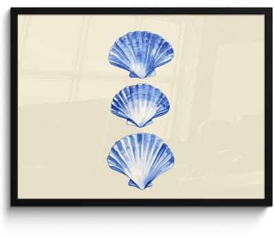 Poster in lijst - Fotolijst 80x60 cm - Posters - Schelpen - Blauw - Beige - Posterlijst zwart - Decoratie - Wanddecoratie woonkamer - Muurdecoratie slaapkamer