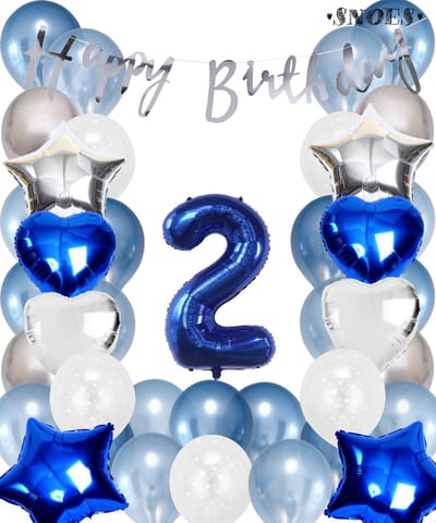 Snoes Ballonnen 2 Jaar Set Mega Blauw Zilver Ballon - Compleet Feestpakket Cijferballon 2 Jaar - Verjaardag Versiering Slinger Happy Birthday – Folieballon – Latex Ballonnen - Helium Ballonnen