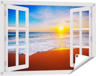 Gards Tuinposter Doorkijk Strand en Zee tijdens Zonsondergang - 90x60 cm - Tuindoek - Tuindecoratie - Wanddecoratie buiten - Tuinschilderij