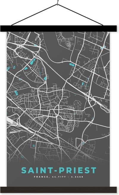Posterhanger incl. Poster 40x60 cm - Schoolplaat - Saint-Priest - Stadskaart - Kaart - Plattegrond - Frankrijk - Textielposter - Zwarte latten - Stadskaart