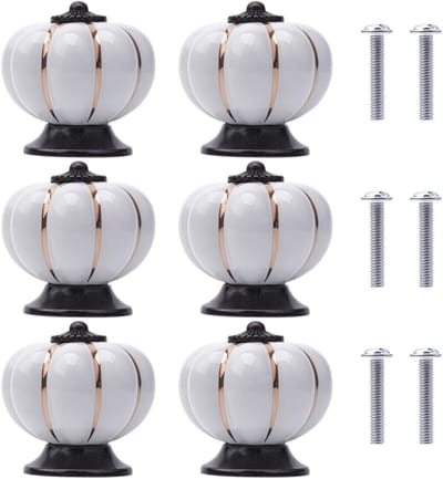 Set van 6 Keramische Kastknoppen in Pompoenvorm voor Meubels, Keuken en Kasten met Schroeven (Wit)