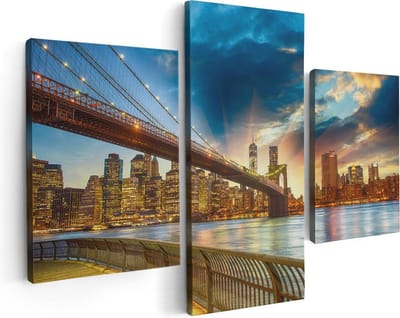 Artaza Canvas Schilderij Drieluik New York Brooklyn Brug - 90x60 cm - Wanddecoratie Woonkamer - Schilderijen - Muurdecoratie
