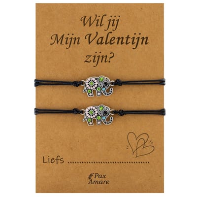 Koppel Armbandjes voor 2 "Wil jij mijn Valentijn zijn" - Olifant - BFF Armbandjes met Cadeau Kaartje - Zwart & Zilverkleurig - Elastisch Verstelbaar - Pax Amare