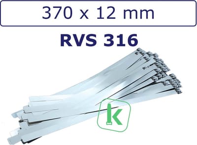 PRO-TIE® - Tyraps, kabelbinders RVS 316 staal - 370 x 12 mm (Zak 100 stuks) (tiewrap/tyrap/tie-wrap/bundelbandje/colsonbandje/)