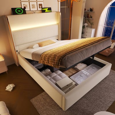 VVBV Opbergbed Eenpersoonsbed 90x200 cm - LED-Verlichting, USB-C Laadstation, Lades, Opbergruimte - Linnen Beige Zonder Matras