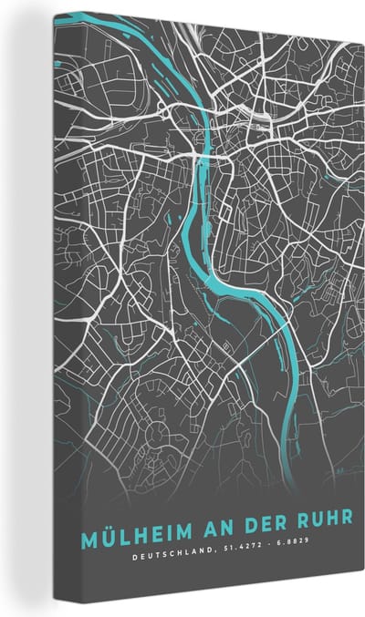 Canvas Schilderij Blauw – Duitsland – Plattegrond – Stadskaart – Kaart – Mülheim an der Ruhr - 20x30 cm - Wanddecoratie