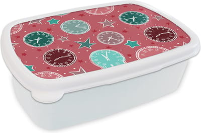 Broodtrommel Wit - Lunchbox - Brooddoos - Klok - Roze - Patronen - Sterren - 18x12x6 cm - Volwassenen