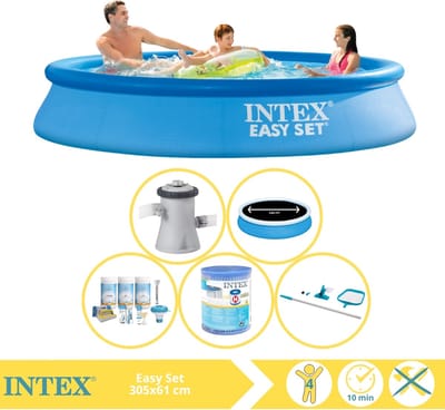Intex Rond Opblaasbaar Easy Set Zwembad - 305 x 61 cm - Blauw - Inclusief Pomp - Solarzeil - Onderhoudspakket - Filter - Schoonmaakset - 6-delig