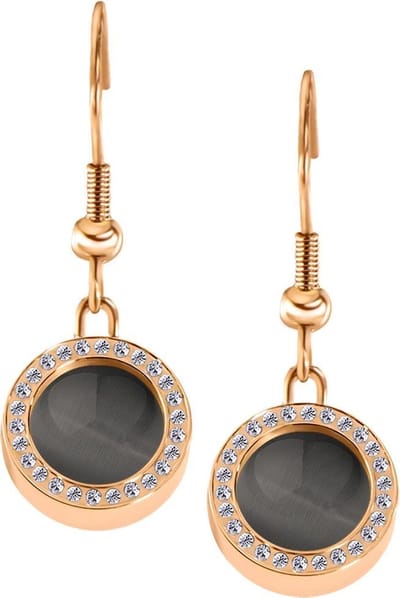 Quiges RVS Schroefsysteem Oorhangers Oorbellen Rosékleurig met Zirkonia en Verwisselbare Cat's Eye Grijs Mini Munt Set - ECOS153
