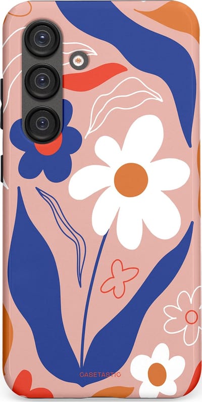Casetastic hoesje geschikt voor Samsung Galaxy S25 - Dubbellaagse bescherming - Eenvoud in bloei - Fashion Case - Perzik Donkerblauw Wit