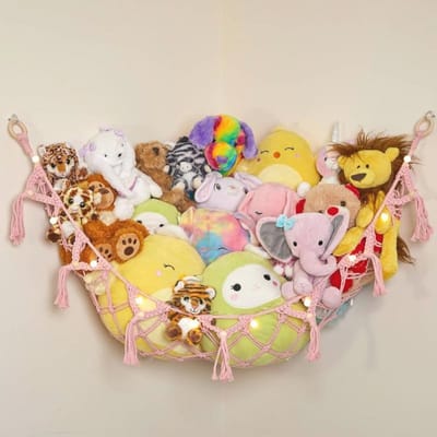Macramé Hangmat voor Knuffels met Lichtslingers - Grote Opbergruimte voor Speelgoed - Boho Decor voor Kinderkamers