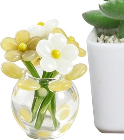 Mini glazen boeket - Kleine kunstbloemen - Tafeldecoratie - Handgemaakt vakmanschap - 3x3x4 cm - Geel