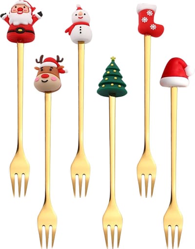 House of Husk Kerst Gebaksvorkjes - Dessertvorken - Taartvorkjes - Cocktailvorken - 6 Stuks - RVS - Goud