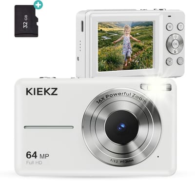 Kiekz Digitale Camera 64MP - Fotocamera Full HD - Mini Camera - Compact Camera - Fototoestel - Autofocus - Ideaal voor Kinderen en Beginners - Inclusief 32GB SD Kaart - Wit