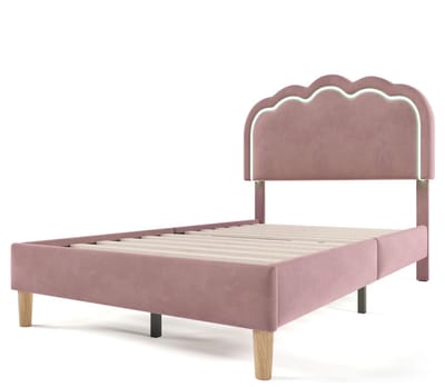Gestoffeerd Bed LED Eenpersoonsbed 90 x 200 cm, Bedframe met Lattenbodem en Verstelbaar Hoofdeinde, Roze, Bedframe, Fluweel