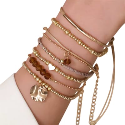 4-delige Dames Armbanden Set – Zirkonia & Metalen Ketting – Modieuze Accessoires voor Feest, Party & Dagelijks Gebruik - Beige en goud
