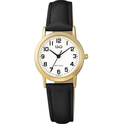 Q&Q C40A-010PY - Horloge - Polshorloge - Analoog - Dames - Vrouwen - Leren band - Rond - Metaal - Cijfers - Zwart - Goudkleurig - Wit