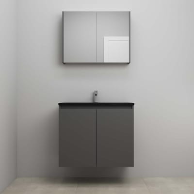 On-Line Badkamermeubelset - 80 cm - Bouwpakket - Greeploze Ladestructuur - Acryl Wastafel - 1 Kraangat - Spiegelkast - Mat Antraciet