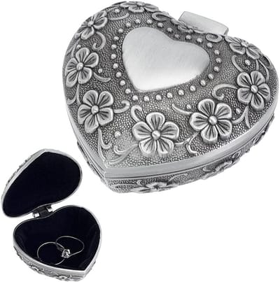 Vintage hartvormige juwelendoos voor sieradenopslag, metalen geschenkdoos voor ringen, oorbellen en kettingen, 5,9 x 6 x 3,2 cm, ideaal voor aandenken en snuisterijen
