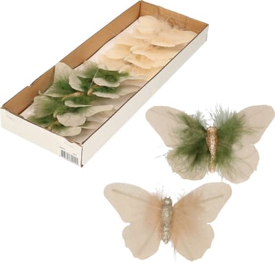 10x stuks decoratie vlinders op clip creme/beige 11 x 8 cm - vlindertjes versiering - Kerstboomversiering