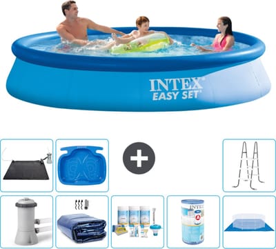 Intex Rond Opblaasbaar Easy Set Zwembad - 366 x 76 cm - Blauw - Inclusief Pomp - Solarzeil - Onderhoudspakket - Filter - Grondzeil - Solar Mat - Ladder - Voetenbad - 9-delig