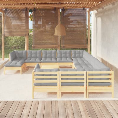 vidaXL - 13-delige - Loungeset - met - grijze - kussens - grenenhout