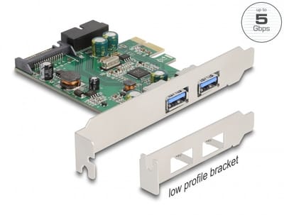 Delock PCI Express x1 Card to 2 x external USB 3.2 Gen 1 Type-A + 1 x internal 19 pin USB pin header male - Low Profile Form Factor