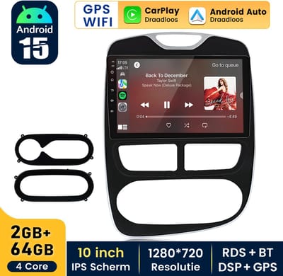 Hexinex Quad-Core autoradio Geschikt voor Renault Clio 4 (2012-2016) - Draadloos CarPlay, Android Auto, multimediaspeler, GPS Navi, Android 15, 2GB+64GB