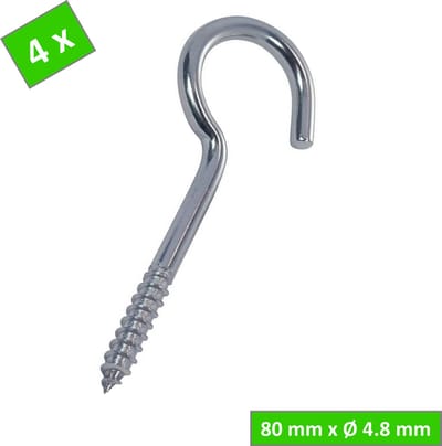 TQ4U Schroefhaak - Waslijnhaak - 80 mm - Ø 4.8 mm - Verzinkt - 4 stuks