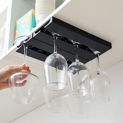 carmdering - Wijnglas Houder - Wijnrek Onderkast - Glazenrek Zonder Boren - Ruimtebesparende Oplossing - Veilige Opslag - Duurzame Kunststof - Stijlvol Zwart Design - Ideaal Voor Keuken En Bar - 2 Stuks