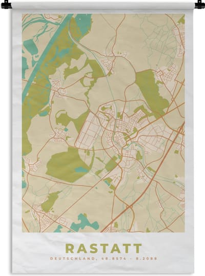 Wandkleed - Wanddoek - Plattegrond - Rastatt - Vintage - Kaart - Stadskaart - 120x180 cm - Wandtapijt