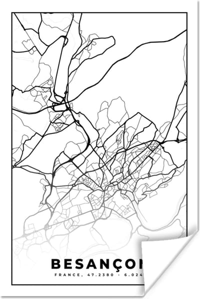 Poster Stadskaart - Frankrijk - Kaart - Besançon - Plattegrond - Zwart wit - 120x180 cm XXL