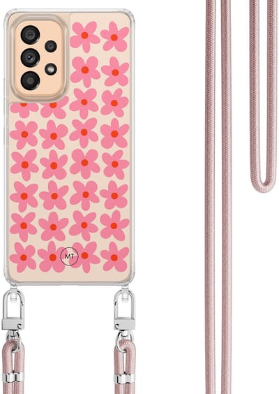 Hoesje met koord geschikt voor Samsung Galaxy A52 5G - Retro blooms - Inclusief Rosegoud koord - Crossbody beschermhoes - Transparant, Roze - Mooie Telefoonhoesjes