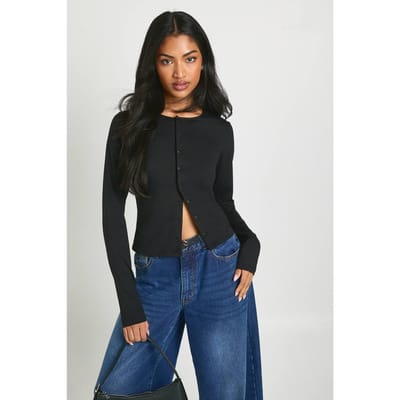boohoo Dames Geperzikt Sculpt Drukknoopjes Doorknoopbare Lange Mouwen Top | Zwart | Maat: 34