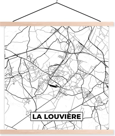 Posterhanger incl. Poster 40x40 cm - Schoolplaat - België – La Louvière – Stadskaart – Kaart – Zwart Wit – Plattegrond - Textielposter - Blanke latten - Stadskaart