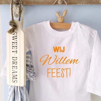 Baby Rompertje tekst | Mijn eerste koningsdag | wij willem feest| lange mouw | wit oranje | maat 62-68
