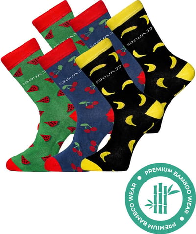 SQQUADD® Bamboe Sokken Dames en Heren - Fruitsokken Mix 6-pack - Maat 35-38 - Naadloos en Duurzaam - Tegen Zweetvoeten - Bamboo - Banaan Meloen Kersen