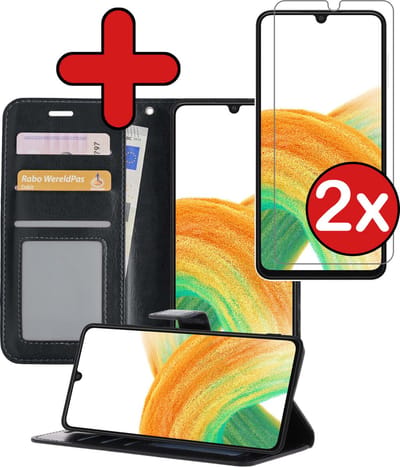 Hoesje - Met 2x Screenprotector - Geschikt voor Samsung Galaxy A33 - Luxe Pasjeshouder - Flip Case - Bookcase Portemonee - Kunstleer Book Case - Flipcase Hoes - Book Cover - Walletcase - Portemonneehoes - Telefoonhoes - Zwart