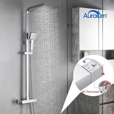 Auralum max Douchesysteem - Regendouche met thermostaatkraan - Doucheset Chroom met 248 mm vierkante Regendouche - Met 84mm handdouche- Regendouche met thermostaatkraan - Verstelbare douchestang