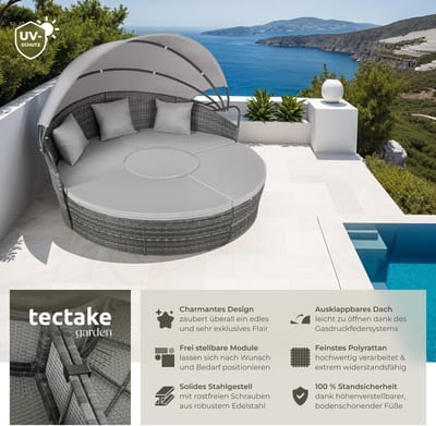 Zonne-eiland Loungeset 2-4 Personen met Dak – ABTkantoor Santorini Deluxe Lounge Schelp – Polyrotan Tuinbed & Ligbed – Multifunctionele Tuin Lounge Set Weerbestendig – Grijs 175x171x136 cm