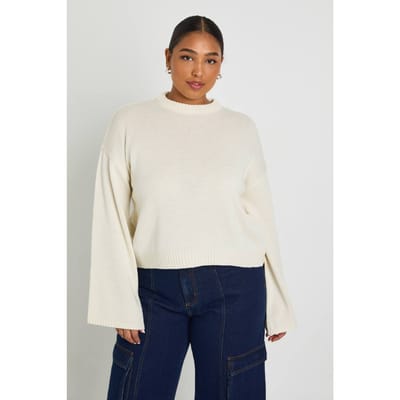 boohoo Dames PLUS RONDEKAARSGEBREIDE TRUI | Creme | Maat: 44