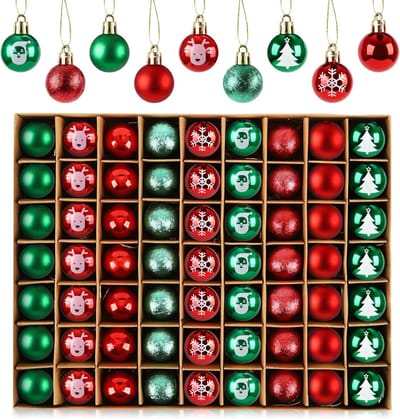 63 Stuks Mini Kerstdecoratie Ballen, 3cm Kerstballen voor Boomdecoratie, Rode en Groene Hangende Ornamenten voor Feestelijke Kerstversiering
